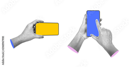 Pop art style collage of halftone hands holding smartphones. Vector arms holding phone in different angles. Modern and abstract digital content. Mobile marketing or creative communication visuals