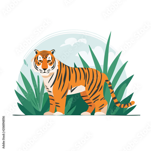 Flat illustration of a tiger in jungle habitat
