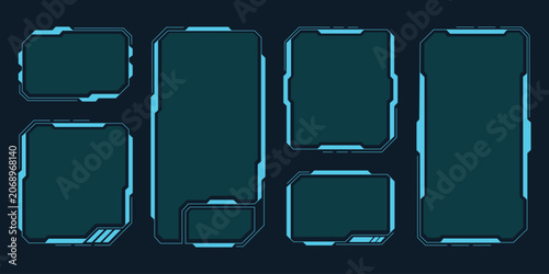 Advanced modular HUD scifi dashboard container kit. Vector illustration of cyberpunk multi ratio window frames, tech streaming interface placeholder widgets, and futuristic digital screen overlays.