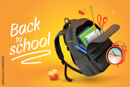 Back school realistic background. 3d backpack education study supplies text banner design, children elementary class alarm clock paper notebook pencil garish vector illustration