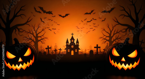 Spooky halloween scene with jackolanterns bats and haunted castle silhouette