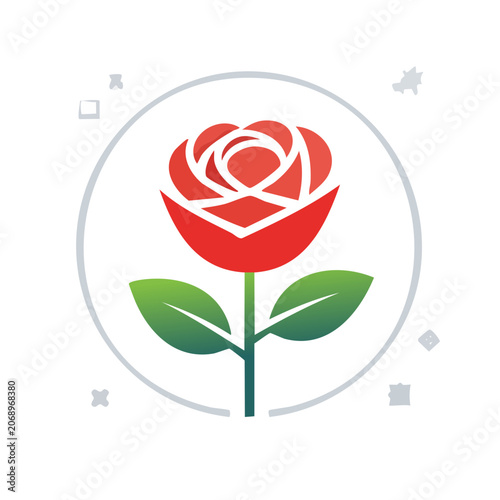 Red rose with green leaves flat vector icon