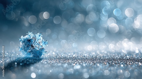 Miniature crystalline ice structure rests upon a surface shimmering with brilliant light reflections