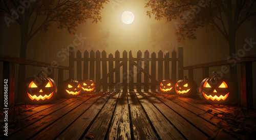 Spooky halloween scene with illuminated jackolanterns and a foggy autumn landscape