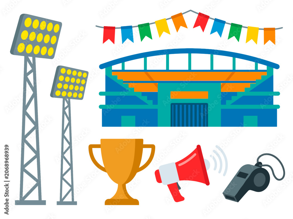 Naklejka premium Sports stadium with floodlights trophy megaphone and whistle illustration representing competition and victory