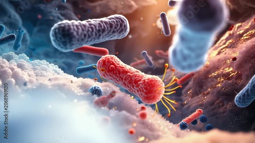 Close-up microscopic view of colorful bacteria and microorganisms. Concept of infection, healthcare, medical science, and biotechnology.
