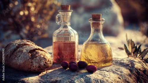 Rustic whole grain loaf rests beside two glass cruets filled with liquid fats on a sunlit stone surface.