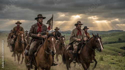 A group of gauchos riding across the pampas on a cloudy day with their flag in tatters.