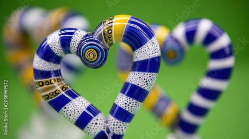 Ornamental glass objects shaped like hearts display intricate striped patterns against a bright background.