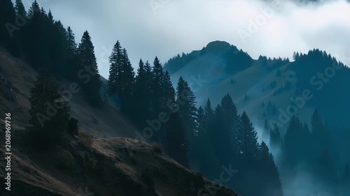 Misty Mountainside Forest with Evergreen Trees and Fog.