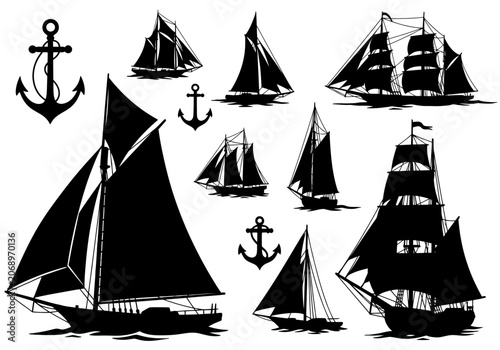 Foto Collection of various sailing ships and anchors in silhouette.