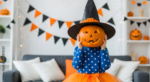 Child dressed as a pumpkin with witch hat celebrating halloween at home