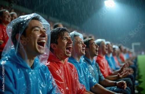 Fans in ponchos cheer during night soccer game despite heavy rain. Wear plastic jackets for protection against wet weather. Spectators experience intense emotions watching match under stadium lights.