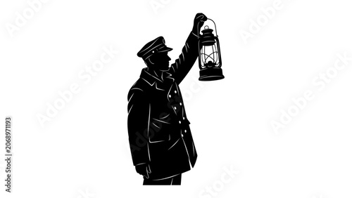Fotografi Night Watchman with Lantern: A solitary figure, silhouetted in the darkness, holds a lit lantern high, guiding the way through the night