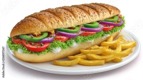 Freshly made long sandwich with vegetable fillings and fried potato pieces served on a white plate