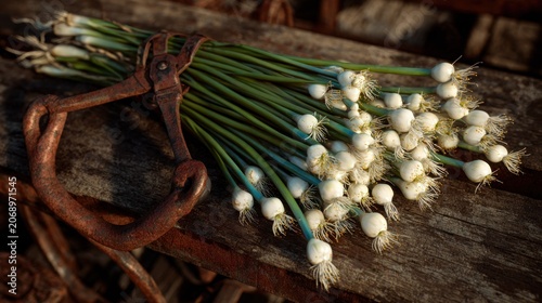 Bunch of freshly harvested bulbils tied with a rusted metal clamp rests on weathered wood.