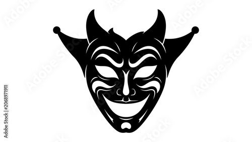 Photos The Devil's Grin: A stylized black and white graphic illustration depicts a mischievous devil's mask with sharp horns and a wide, unsettling smile, evoking a sense of dark playfulness and intrigue