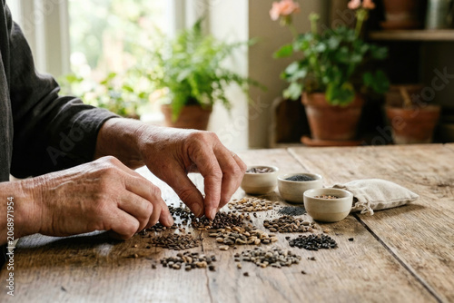 Hands sorting various organic seeds and grains on wooden table for agriculture concept