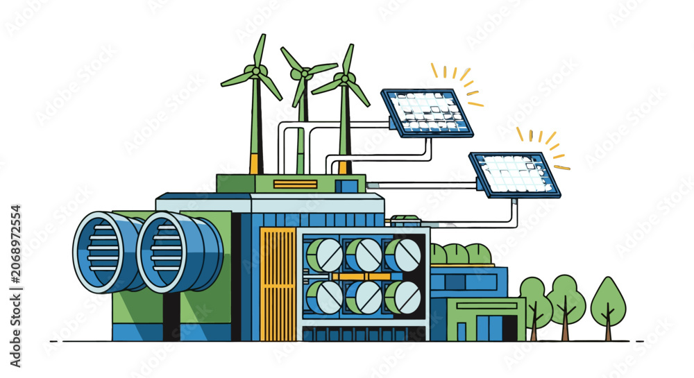 Obraz premium Illustration of Renewable Energy Power Plant with Wind Turbines and Solar Panels.