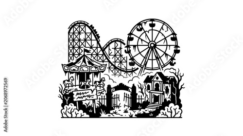 Haunted Amusement Park Silhouette with Roller Coaster and Ferris Wheel.