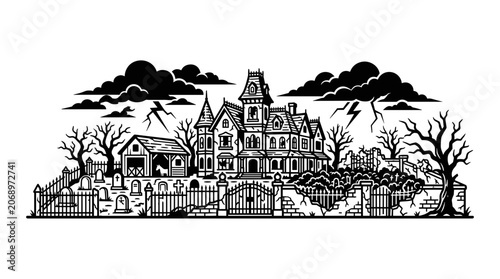 Haunted Mansion with Graveyard and Stormy Sky.