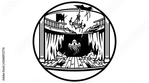 Haunted theater with ghost and spooky elements.