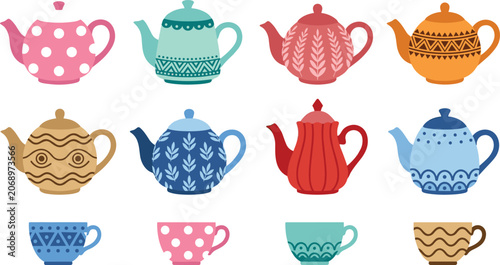 Foto Cute vintage teapot and cup illustration bundle with colorful porcelain kettles