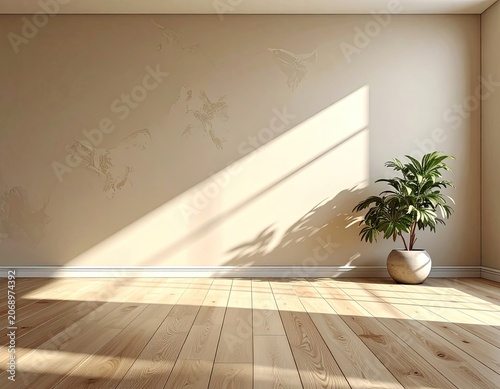 Sunny room with wood floor, textured walls, and a potted plant