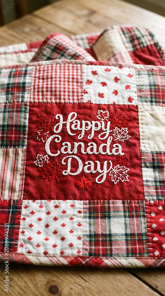 Fototapeta premium Cozy folk art fabric quilt background pattern with embroidered text happy canada day for rustic celebrations