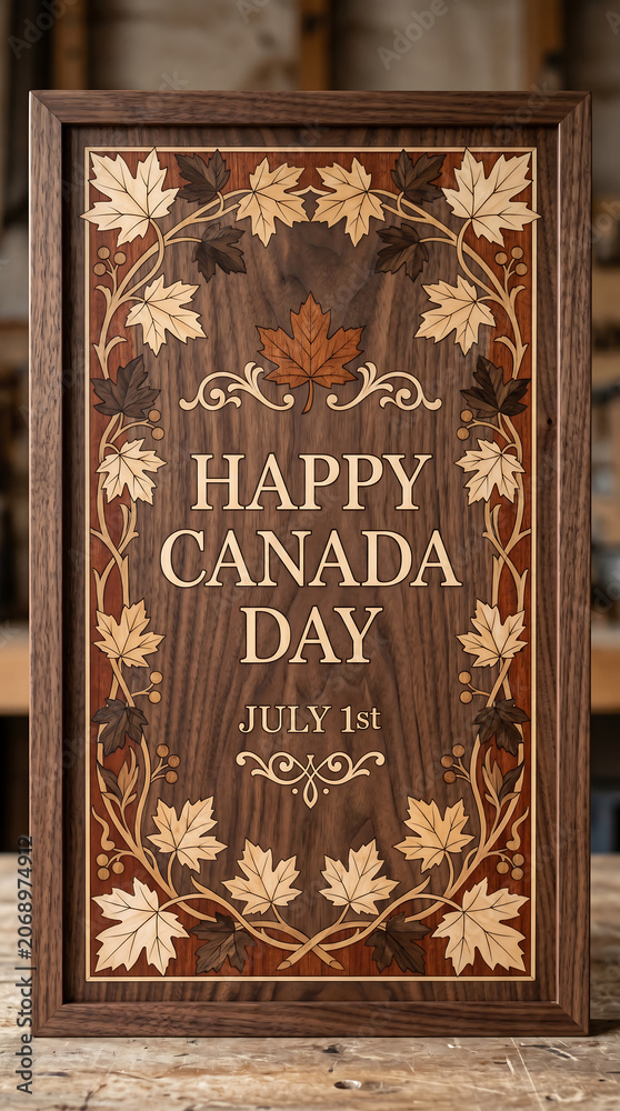 Fototapeta premium Close up of artisanal woodwork panel with intricate wood inlay forming the text happy canada day and maple leaves