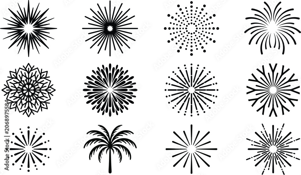 Obraz premium Fireworks icons feature a collection of twelve unique black and white linear burst designs arranged in a grid.