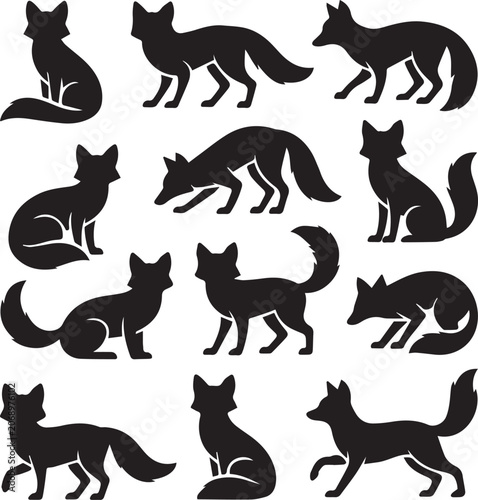 Black Fox Silhouette Collection Animal Vector Illustration