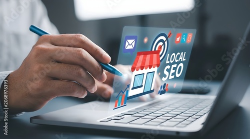 Digital marketing professional using a laptop to optimize a local business website for local seo rankings