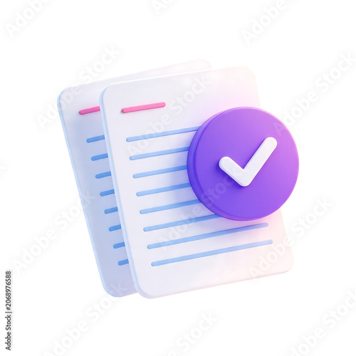3D Illustration Of Document Papers With Check Mark Icon For Task Completion And Business Project Approval