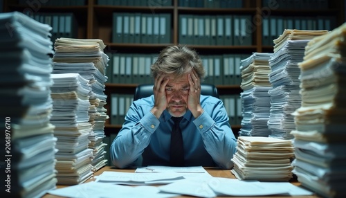 Man stressed at desk surrounded by document stacks. Overwhelmed office worker with head in hands faces endless paperwork pile. Too much work, administrative burden, corporate chaos, deadlines cause