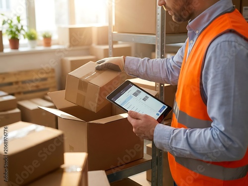 Logistics professional scanning packages with digital tablet in warehouse logistics inventory shipping delivery