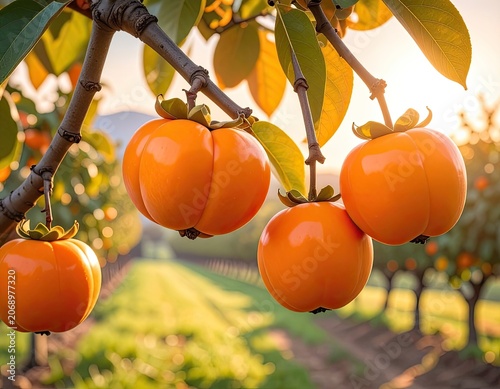 Ripe, orange fruits dangle from a tree branch, sunlit grove background