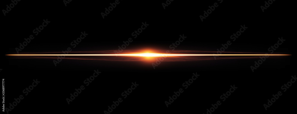 Fototapeta premium Orange Gold Warm Horizontal Lens Flare Streak Glow Overlay on Black Background for Cinematic Sunset Warmth Video Editing and Creative Graphic Design