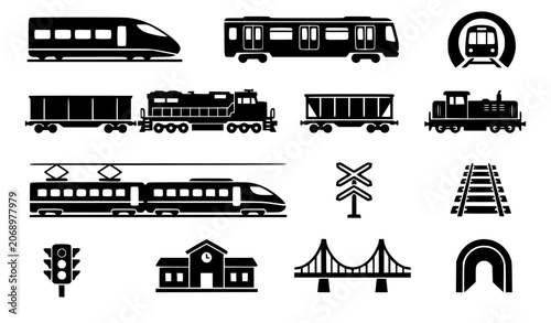фотографія Railway transportation and transit icon set featuring bullet trains, cargo freight locomotives, subways, metro tunnels, railroad crossings, tracks, bridges, and station buildings