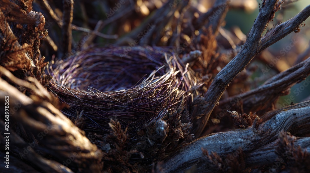 Fototapeta premium A close-up view of an empty nest intricately woven within a tangle of weathered branches, bathed in soft, natural sunlight
