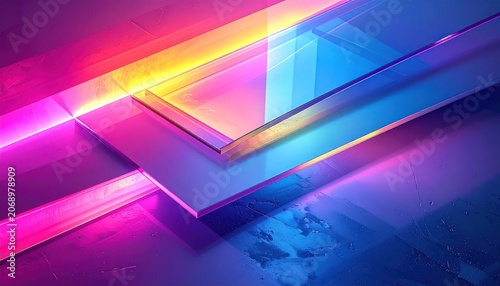 Abstract Neon Light Reflected on Metallic Surface.