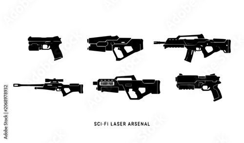 Foto Sci-fi laser arsenal icon set featuring futuristic plasma rifles, alien tech pistols, space sniper blasters, and cyberpunk military firearm weapon silhouettes