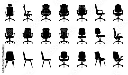 Photos Ergonomic office chair silhouettes icon collection featuring various corporate desk armchairs, rolling swivel task seats, and comfortable computer workspace furniture symbols