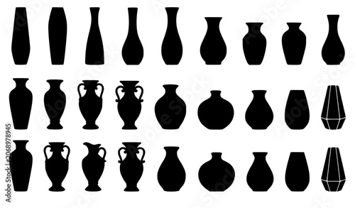 Bild auf Leinwand Traditional greek amphora and ceramic pottery vase silhouettes icon collection featuring antique jars, clay urns, porcelain pitchers, and home interior decor pots