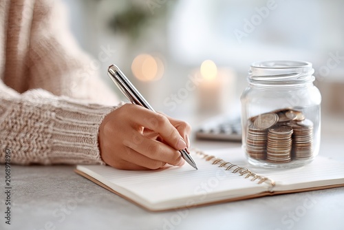 A woman sits at a table in her home writing down her savings goals in a notebook. A jar filled with coins is nearby. Warm light creates a cozy atmosphere