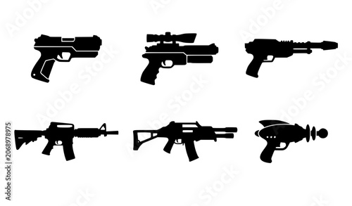 Fotografía Sci-fi laser gun and futuristic blaster rifle vector icons featuring extraterrestrial weaponry, cosmic space ray blasters, and cyberpunk assault armament silhouettes