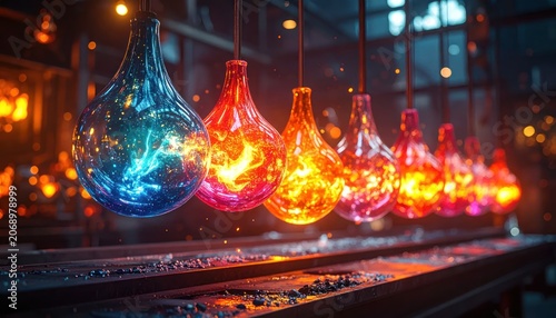 Colorful Glass Bulbs Hanging in Factory Setting.