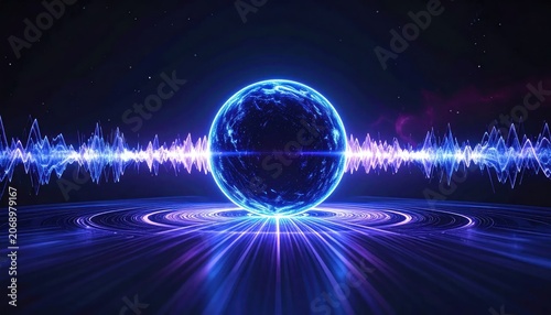 Glowing Blue Sphere with Sound Wave.