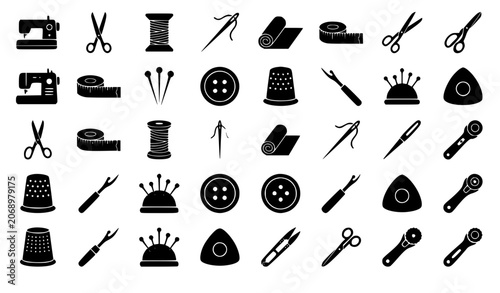Obraz na plátně Sewing tools silhouette vector icon set featuring dressmaking buttons needles th