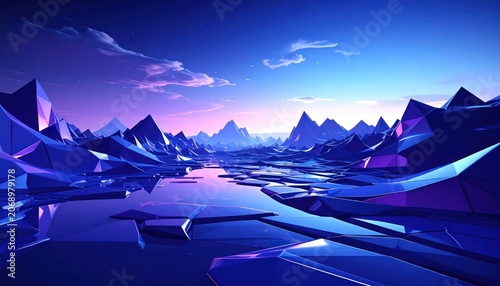 Futuristic Landscape with Mountains and Water.
